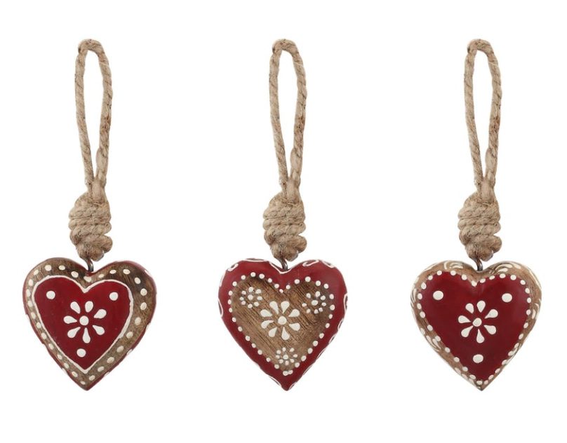 Wood Painted Red Heart Ornaments Set Of 3 Demdaco