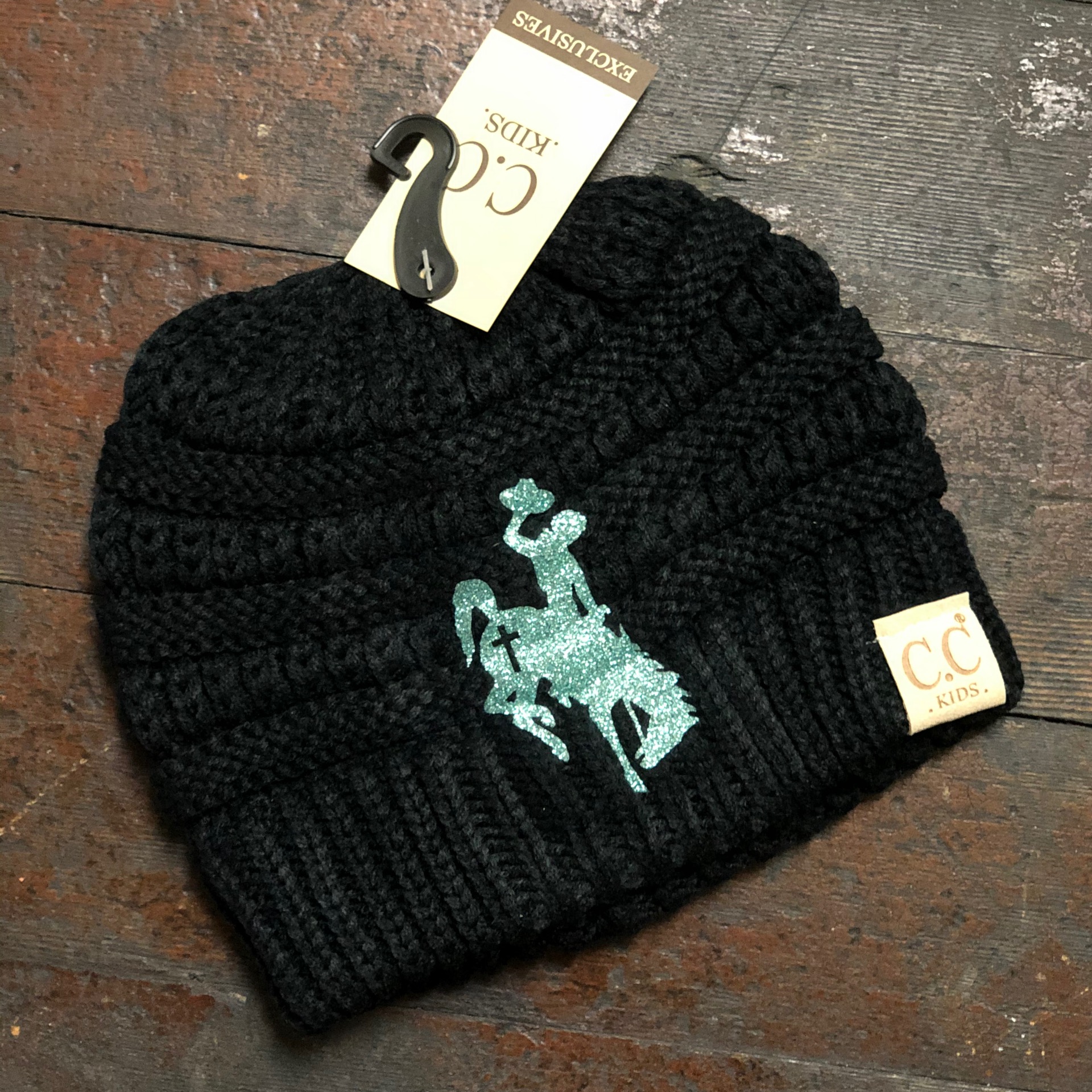 Black CC Kids Beanie with Metallic Teal Cross Bucking Bronc 0397