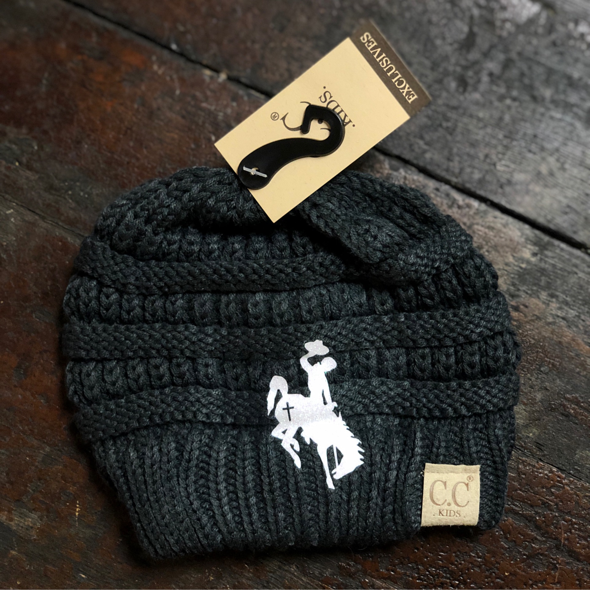 Dark Grey with White Metallic Cross Bucking Bronc Kids Beanie 0441