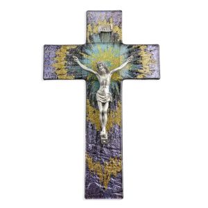10" PURPLE & GOLD BURST PATTERN GLASS CRUCIFIX Hirten 26P-10SC13