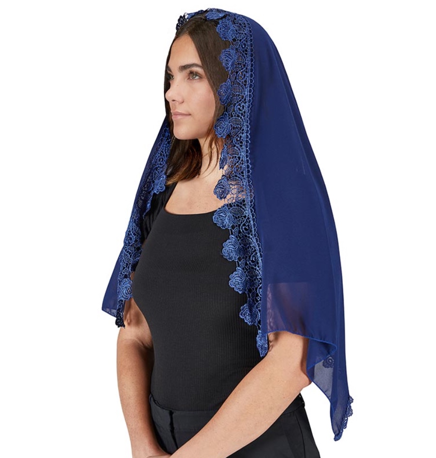 Blue Chiffon lace Chapel Veil J0318