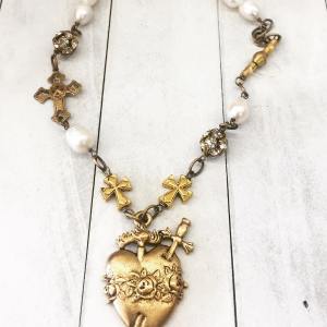 Sacred Heart on Cross and Pearl Charm Necklace TWIGS-693