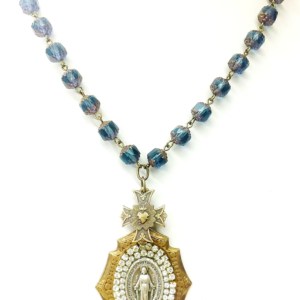 Jeweled Octagon Miraculous Medal Necklace with Blue Beads 18” TWIGS640