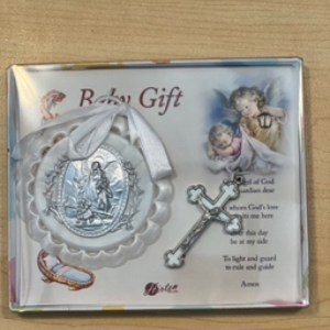 White Guardian Angel Crib Medal with Crucifix 2733-02