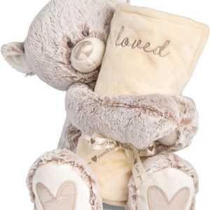 DEMDACO Loved Tan Polyester Soft Plush Teddy Bear and Receiving Blanket Set of 2