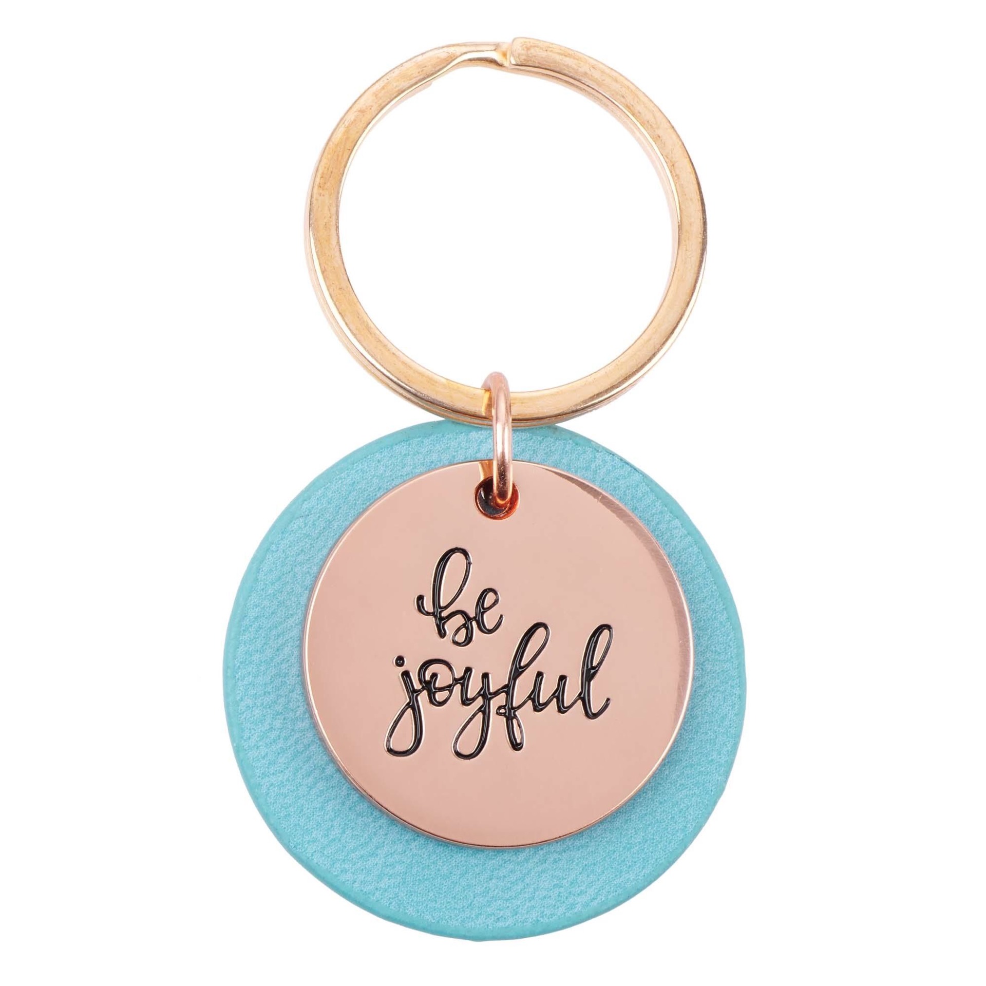 With Love Women's Keychain, Be Joyful Rose Gold Metal Heart Medallion Teal Faux Leather Engraved Design Inspirational Quote Key Ring KMO087
