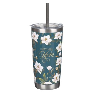 CA Gifts Large Travel Tumbler Stainless Steel Insulated Scripture: Love You, Mom, Lid, Straw, Dark Teal Floral SMUG286