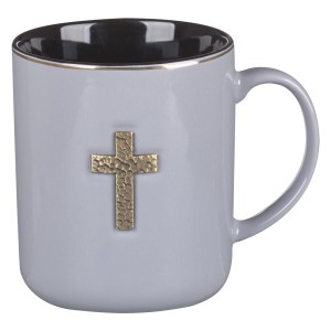 CArt Gifts Large Ceramic Mug : Stylish Metal Cross Badge, Gray & Black MUG1136