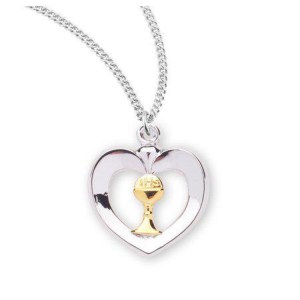 Two-Tone Sterling Silver Heart with a Chalice | 0.8" x 0.5" | Made in USA | 18" Rhodium Plated Curb Chain S3718TT18