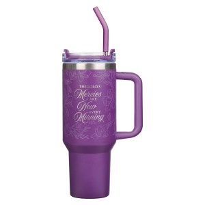 CA Gifts Extra Large Travel Tumbler Stainless Steel Vacuum Insulated: Mercies are New Scripture, Twist Dial Lid, Reusable Straw & Silicone Tip, Purple Floral SMUG309