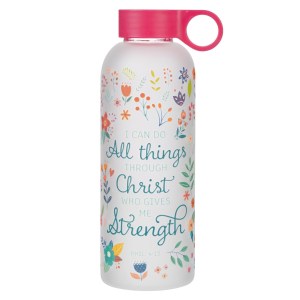 CA Gifts Reusable Frosted Glass Inspirational BPA-Free Water Bottle for Women: All Things Through Christ Scripture Verse, Carry Handle Loop, Twist Cap Lid, Red & Multicolor Floral WBT244