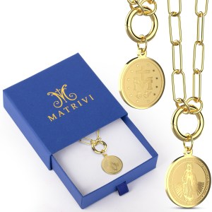 Matrivi Gold Stainless Steel Round Miraculous Medal Paperclip Chain