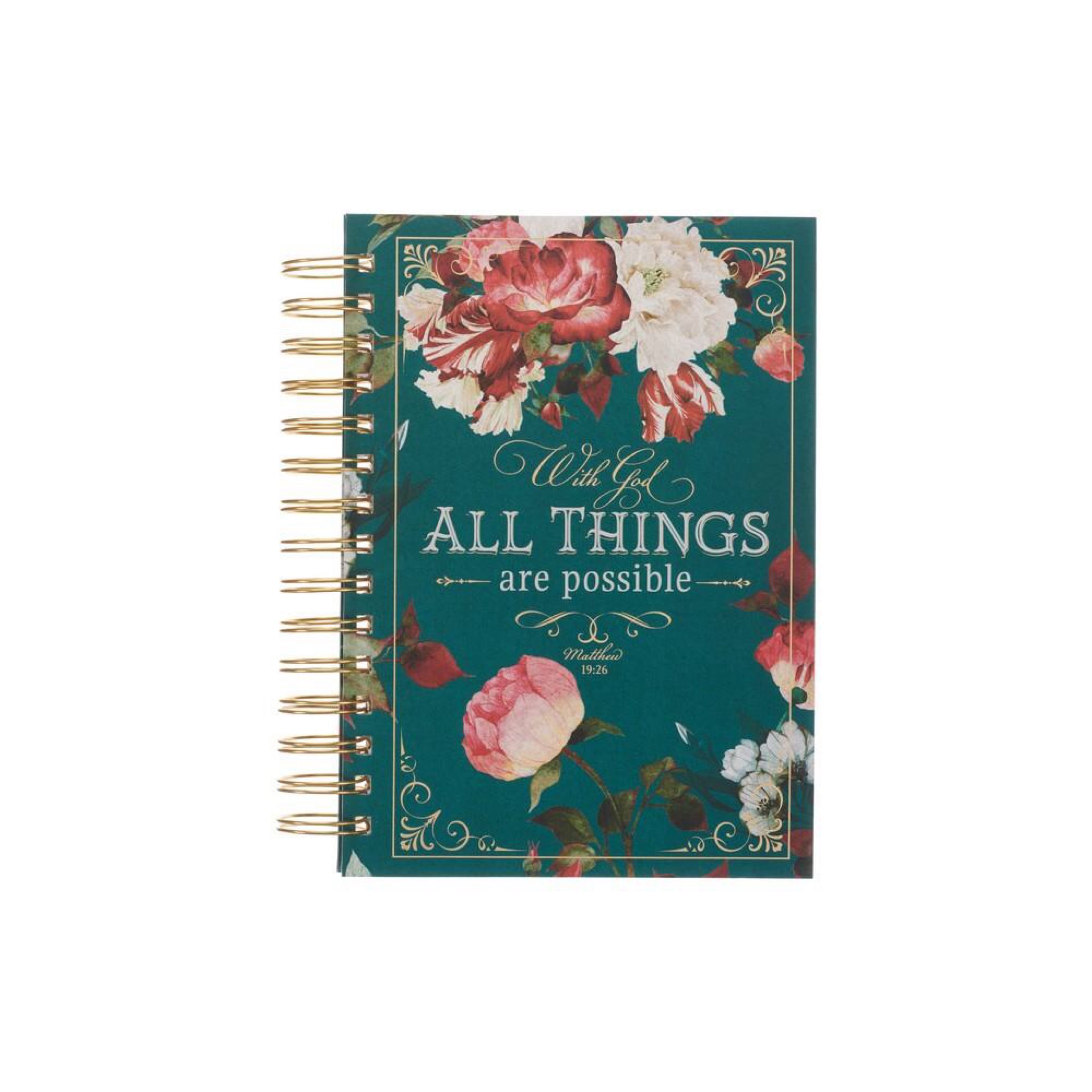 CA Gifts Journal w/Scripture for Women with God All Things Mathew 19:26 Bible Verse Teal/Roses 192 Pages, Large Hardcover Notebook JLW155