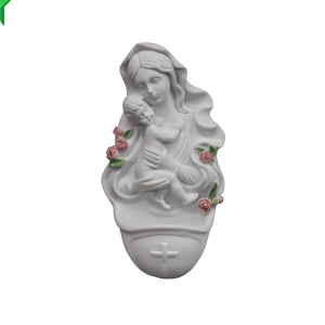 Madonna & Child holy water font in white with pink roses 6.5" Made in Italy MA-372-R Goldscheider