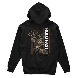 Kerusso Hold Fast Men Pullover Hoody Sweatshirt with Fleece Interior and Back Graphic Cotton and Polyester Deer Flag Black