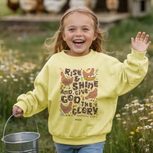 Kerusso Crewneck Pullover Kid Graphic Sweatshirt Cotton and Polyester Pale Yellow Chickens Rise and Shine